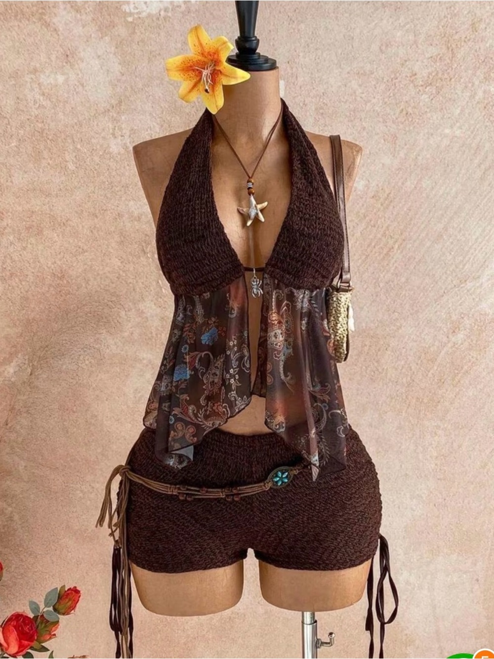 Brown Halter Crochet Bikini Set with Sheer Paisley Panel
